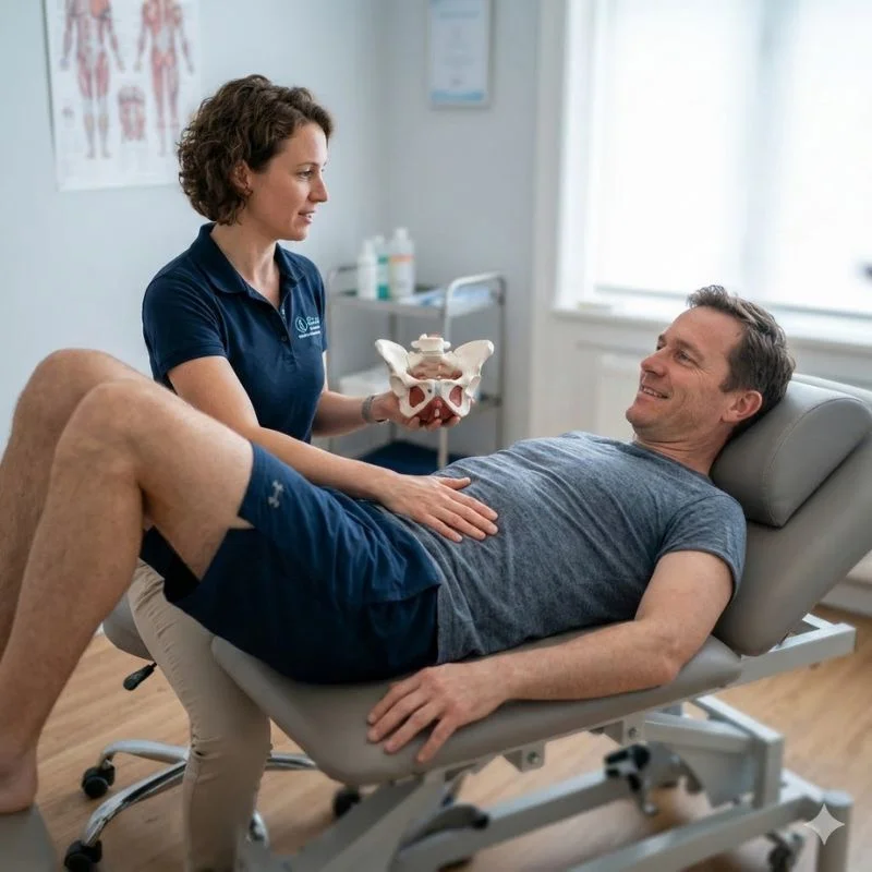 pelvic floor physiotherapist explaining pelvis anatomy to male patient in Whitby