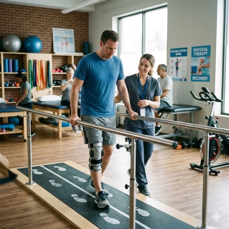 physiotherapist assisting patient with knee brace during parallel bar walking rehabilitation in Whitby