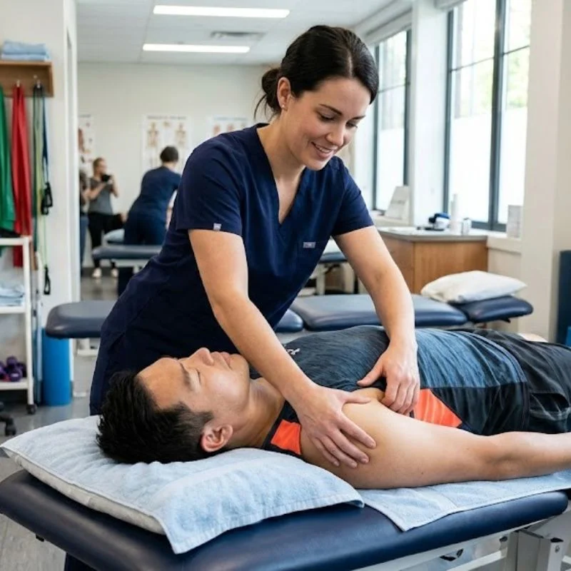 physiotherapist performing manual therapy on patient chest and shoulder in Whitby