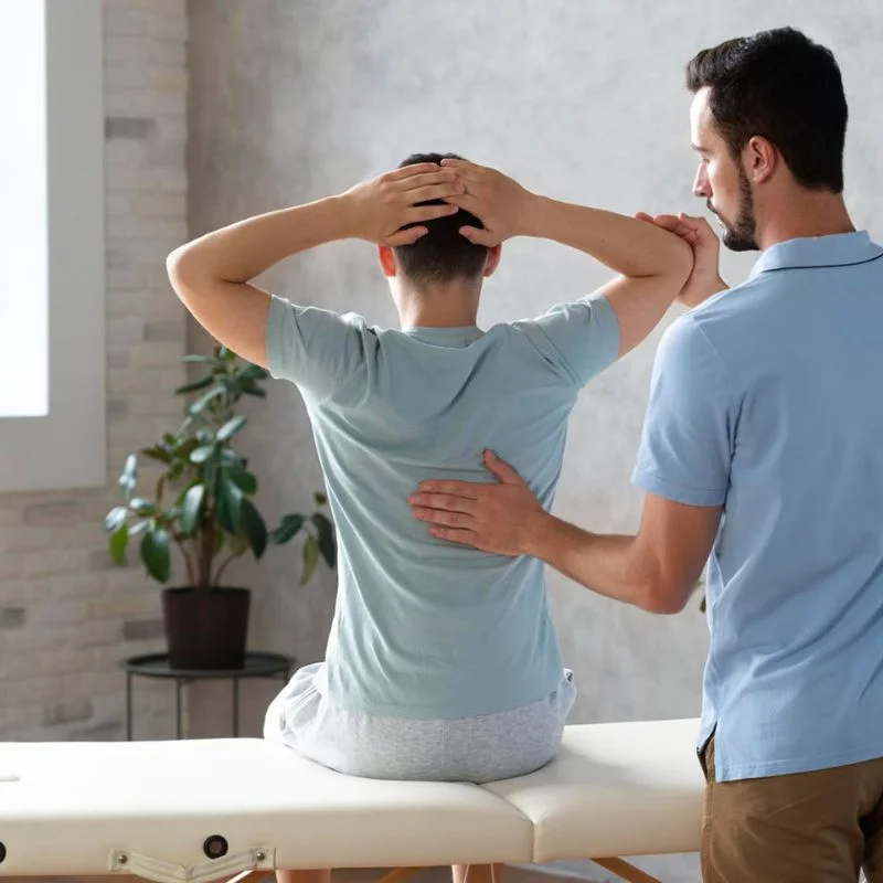 chiropractor assessing shoulder and mid-back pain during treatment in Whitby