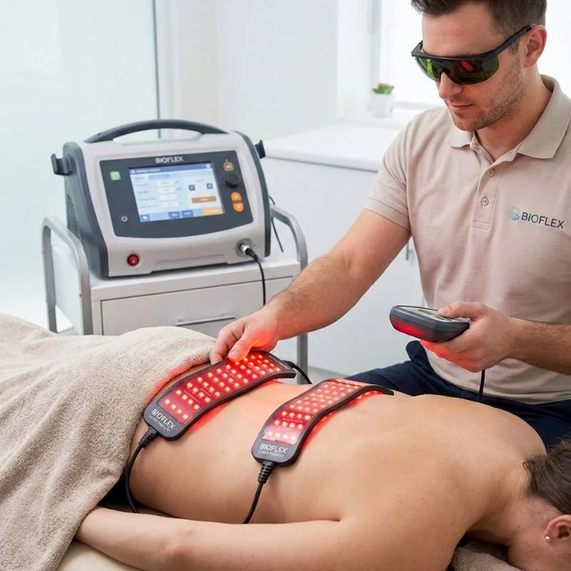 Bioflex laser therapist applying dual laser pads to patient lower back for pain relief in Whitby