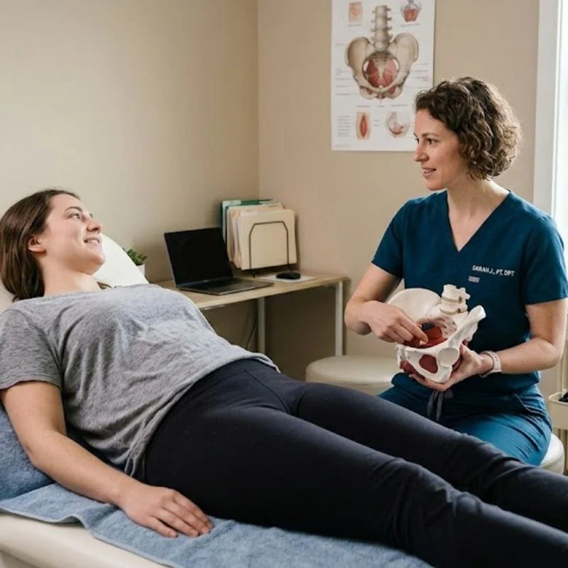 pelvic floor physiotherapist explaining pelvis anatomy to female patient in Whitby clinic