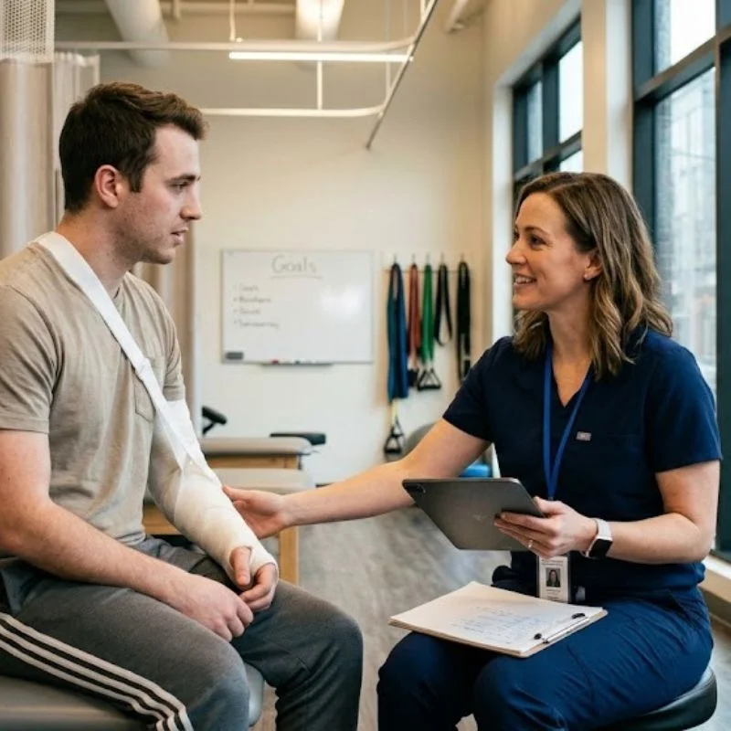 rehabilitation therapist reviewing treatment goals with injured patient in Whitby clinic
