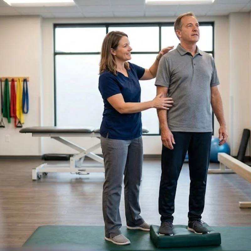 vestibular therapist assessing patient posture and balance during standing rehabilitation in Whitby