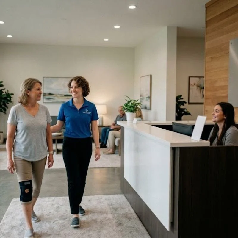 physiotherapist escorting patient with knee brace through Kinesis Rehab clinic reception Whitby